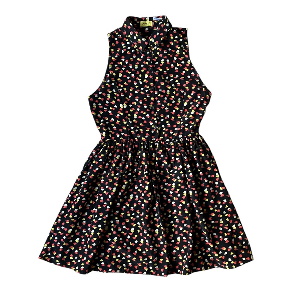 dress sleeveless fit & flare retro black floral heart print women’s size M